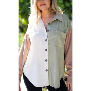 Blu Pepper Green, Tan, Cream Colorblock Corduroy Shacket-Size L